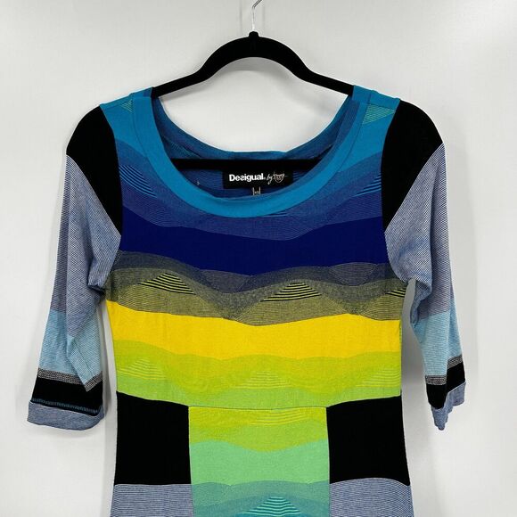 DESIGUAL Blue Yellow Bright Abstract Bodycon Half Sleeve Mini Dress Size XS - Picture 4 of 8